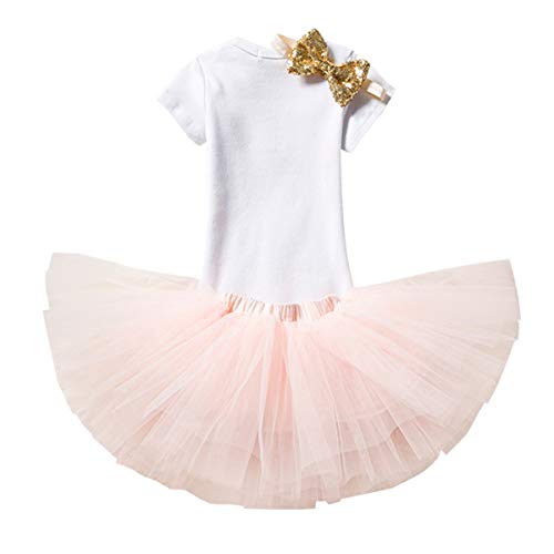 NNJXD Corona recién nacida Tutú primer Cumpleaños 3 piezas trajes Mameluco + falda y diadema Tamaño 1 años Rosa