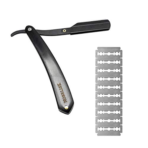 Nobelisk Cuchillo de Afeitar de Calidad con 10 Cuchillas | Set de Cuchillo de Afeitar con Estuche y Cuchillas de Recambio para Principiantes y Avanzados | Cuchillo Plegable con Grabado (Negro)