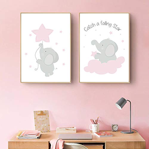 Nordic Ideas Juego de 3 Laminas 30x40 Infantiles Bebe Niño Animales Elefante Luna Estrella Nube Rosa Poster a3 Citas Cuadros Impresión en Lienzo Decoración Habitación Niña Regalo Sin Marco RLQ