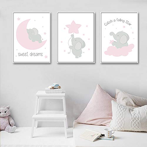 Nordic Ideas Juego de 3 Laminas 30x40 Infantiles Bebe Niño Animales Elefante Luna Estrella Nube Rosa Poster a3 Citas Cuadros Impresión en Lienzo Decoración Habitación Niña Regalo Sin Marco RLQ