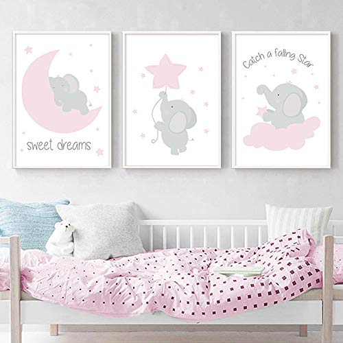 Nordic Ideas Juego de 3 Laminas 30x40 Infantiles Bebe Niño Animales Elefante Luna Estrella Nube Rosa Poster a3 Citas Cuadros Impresión en Lienzo Decoración Habitación Niña Regalo Sin Marco RLQ
