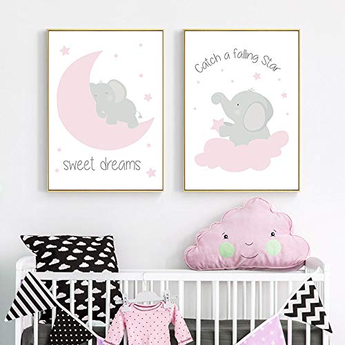 Nordic Ideas Juego de 3 Laminas 30x40 Infantiles Bebe Niño Animales Elefante Luna Estrella Nube Rosa Poster a3 Citas Cuadros Impresión en Lienzo Decoración Habitación Niña Regalo Sin Marco RLQ