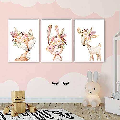 Nordic Ideas Juego de 3 Pósteres Conejo/Ciervo/Zorro Cuadros Infantiles Bebe Láminas Animales Decoracion Niña Habitacion Regalo NPTCG003-M