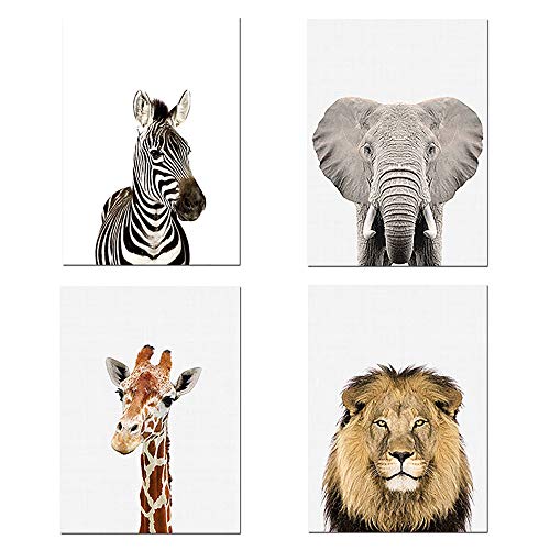 Nordic Ideas Juego de 4 Cuadros Niños 30x40 Elefante Cebra Jirafa León Laminas Infantil Animales Pósteres Impresión en Lienzo Decoración Habitación Bebé Regalo Sin Marco ZEGL