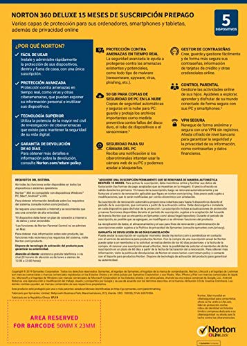 Norton 360 Deluxe 2021 - Antivirus software para 5 Dispositivos y 15 meses de suscripción con renovación automática, Secure VPN y Gestor de contraseñas, para PC, Mac tableta y smartphone