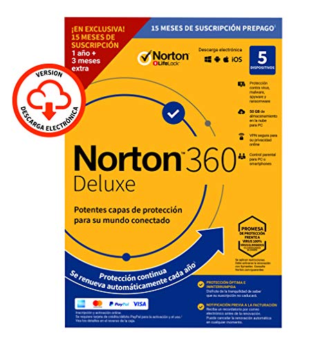 Norton 360 Deluxe 2021 - Antivirus software para 5 Dispositivos y 15 meses de suscripción con renovación automática, Secure VPN y Gestor de contraseñas, para PC, Mac tableta y smartphone