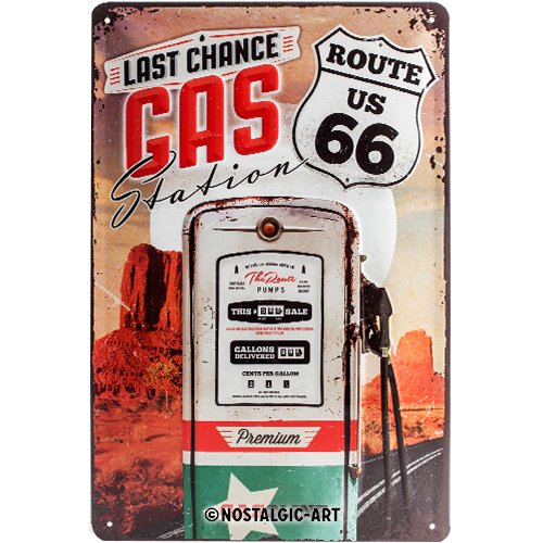 Nostalgic-Art Cartel de Chapa Retro Route Gas Station – Idea de Regalo para los Fans de la Ruta 66, metálico, Diseño Vintage, 20x30x0.2 cm