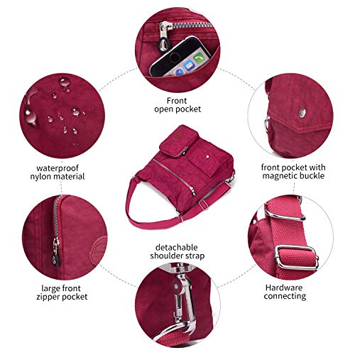 NOTAG Bolsos de Mujer, Impermeable Nylon Bolso Bandolera Multifuncional Mochilas Bolso Hombro Shopper (Rosa roja)