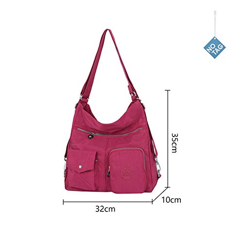 NOTAG Bolsos de Mujer, Impermeable Nylon Bolso Bandolera Multifuncional Mochilas Bolso Hombro Shopper (Rosa roja)