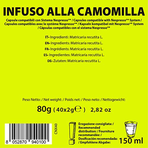 Note D'Espresso Cápsulas de Manzanilla compatibles con cafeteras Nespresso - 40 Unidades de 2 g, Total: 80 g