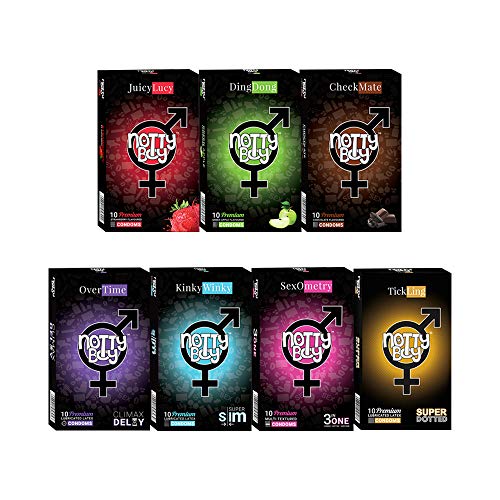 NottyBoy Preservativos para hombres – 500 piezas – Costillas, puntos, finos, de larga duración, fresa, chocolate y preservativos sabor manzana verde