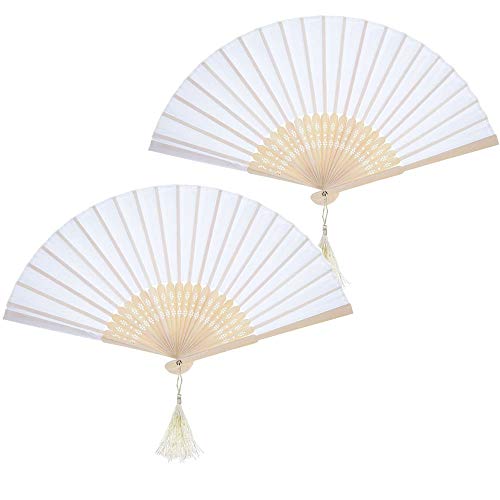 Nsiwem Abanico Plegable de Mano Tela Blanco 10 Piezas Ventilador Plegable Ventiladores de Mano Bambú Abanicos boda para invitados con el bolso del organza para Decoración Fiesta Boda DIY Regalo