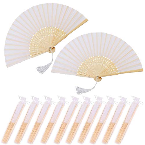 Nsiwem Abanico Plegable de Mano Tela Blanco 10 Piezas Ventilador Plegable Ventiladores de Mano Bambú Abanicos boda para invitados con el bolso del organza para Decoración Fiesta Boda DIY Regalo