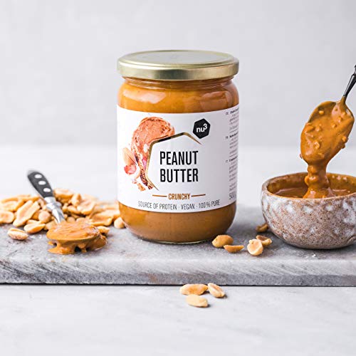 nu3 Crema de cacahuete crujiente - Peanut butter crunchy vegetariana sin azúcar - 500 g de mantequilla de cacahuete pura - 100% maní fresco sin sal o aceite de palma - 28% de proteína vegana