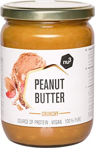 nu3 Crema de cacahuete crujiente - Peanut butter crunchy vegetariana sin azúcar - 500 g de mantequilla de cacahuete pura - 100% maní fresco sin sal o aceite de palma - 28% de proteína vegana
