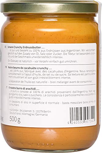 nu3 Crema de cacahuete crujiente - Peanut butter crunchy vegetariana sin azúcar - 500 g de mantequilla de cacahuete pura - 100% maní fresco sin sal o aceite de palma - 28% de proteína vegana