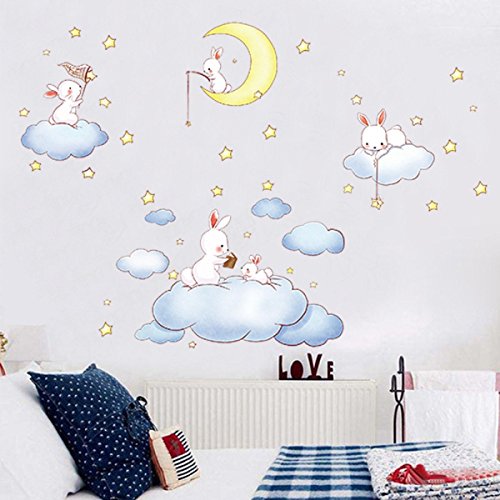 Nubes blancas de dibujos animados Conejo Pegatinas de pared para habitaciones de niños Dormitorio bebé Wereldkaart Decoración para el hogar Luna y las estrellas Vinilos decorativos