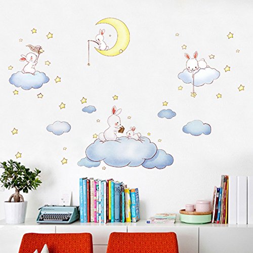 Nubes blancas de dibujos animados Conejo Pegatinas de pared para habitaciones de niños Dormitorio bebé Wereldkaart Decoración para el hogar Luna y las estrellas Vinilos decorativos
