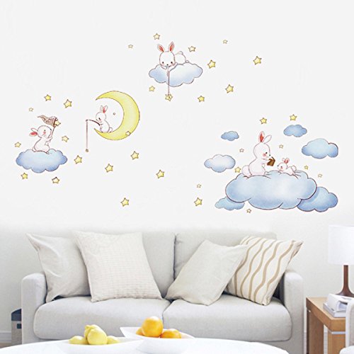 Nubes blancas de dibujos animados Conejo Pegatinas de pared para habitaciones de niños Dormitorio bebé Wereldkaart Decoración para el hogar Luna y las estrellas Vinilos decorativos