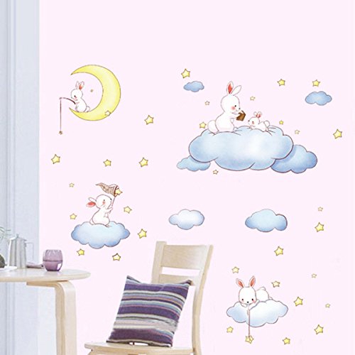 Nubes blancas de dibujos animados Conejo Pegatinas de pared para habitaciones de niños Dormitorio bebé Wereldkaart Decoración para el hogar Luna y las estrellas Vinilos decorativos