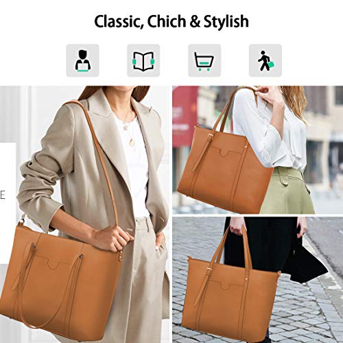 NUBILY Bolsos Universidad Mujer Grande para Ordenador Portátil 15.6 Pulgadas Impermeable Bolso Shopper PU Piel Bolsos de Mujer Bandolera Bolsa Tote Cuero Marrón