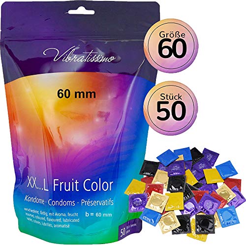Nuevo!! - Amor Vibratissimo®"MiTalla FRUIT COLOR 60mm" 50 pack preservativos, condones con sabor y color para una sensación auténtica