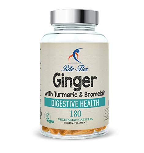 Nuevo tamaño! Cúrcuma con jengibre y bromelina, 180 cápsulas vegetarianas, fórmula botánica a base de hierbas compatible con la salud digestiva por Rite-Flex