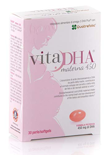 NUEVO VitaDHA® Materna | 450 mg de omega 3 DHA para el embarazo y la lactancia | con metilfolato de Quatrefolic®, tres veces más biodisponible que el ácido fólico | 30 cps suave