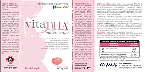NUEVO VitaDHA® Materna | 450 mg de omega 3 DHA para el embarazo y la lactancia | con metilfolato de Quatrefolic®, tres veces más biodisponible que el ácido fólico | 30 cps suave