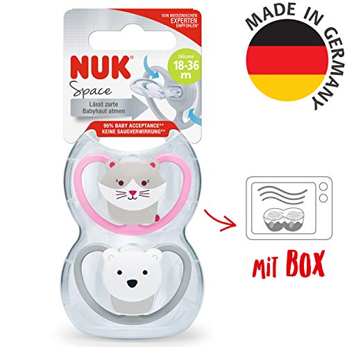 NUK Chupete espacial de silicona, forma adaptada a la mandíbula, 18 – 36 meses, gato y oso polar