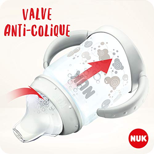 NUK First Choice+ vaso antiderrame bebé, 6-18 Meses, Boquilla de Silicona a Prueba de Fugas, Anticólico, Sin Bpa, 150 Ml, Gris Y Blanco, 1 Unidad