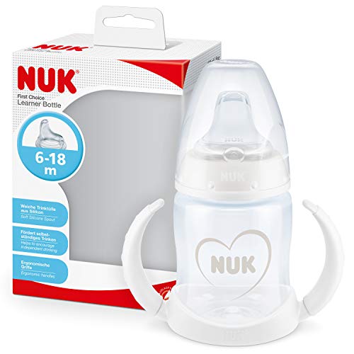 NUK First Choice+ vaso antiderrame bebé, 6-18 Meses, Boquilla de Silicona a Prueba de Fugas, Anticólico, Sin Bpa, 150 Ml, Gris Y Blanco, 1 Unidad