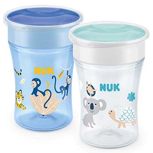 NUK Magic Cup vaso antiderrame bebe | Borde a prueba de derrames de 360° | +8 meses | Sin BPA | 230 ml | Mono/Koala (Azul) | 2 unidades