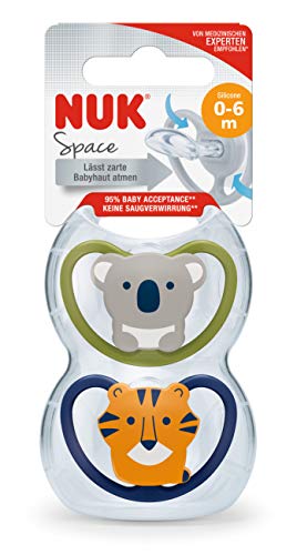 NUK Space chupete, en forma de mandíbula, 0-6 meses, silicona, koala y tigre ,, 2 piezas