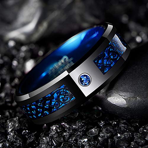 NUNCAD Anillo Hombre Mujer Unisex de Tungsteno con Zirconia Azul y Carbono Celta Negro + Azul 8mm de Ancho para Compañero Amigos Idea de Regalo Talla 67 (21,4 mm)