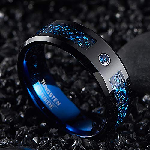 NUNCAD Anillo Hombre Mujer Unisex de Tungsteno con Zirconia Azul y Carbono Celta Negro + Azul 8mm de Ancho para Compañero Amigos Idea de Regalo Talla 67 (21,4 mm)