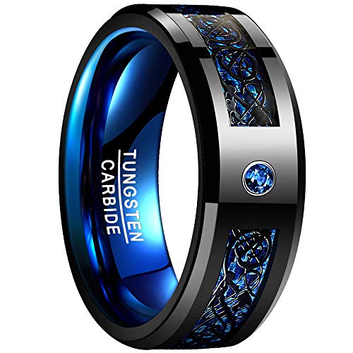 NUNCAD Anillo Hombre Mujer Unisex de Tungsteno con Zirconia Azul y Carbono Celta Negro + Azul 8mm de Ancho para Compañero Amigos Idea de Regalo Talla 67 (21,4 mm)