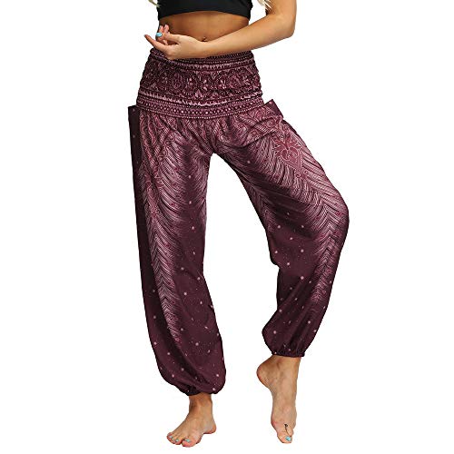 Nuofengkudu Mujer Hippies Pantalones Harem Tailandeses Boho Estampados Bolsillos Cintura Alta Baggy Yoga Pants Verano Playa Fiesta (Marrón B,Talla única)