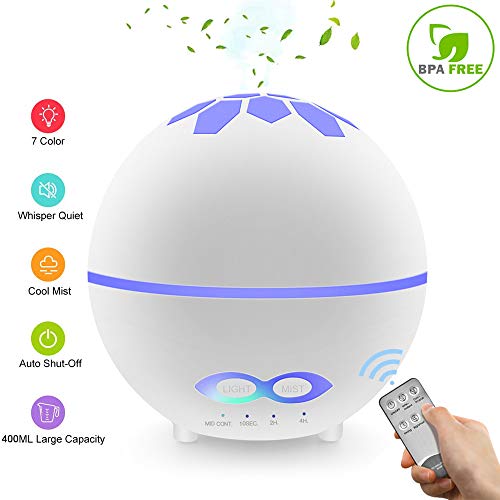 NUONA Humidificador Ultrasónico Silencioso, 400ml Aceites Esenciales Difusor Aromaterapia Con [7 Luces de Colores][Control Remoto][Temporizador] para Niños,Apartamento,Sala de Estar,Dormitorio,Oficina