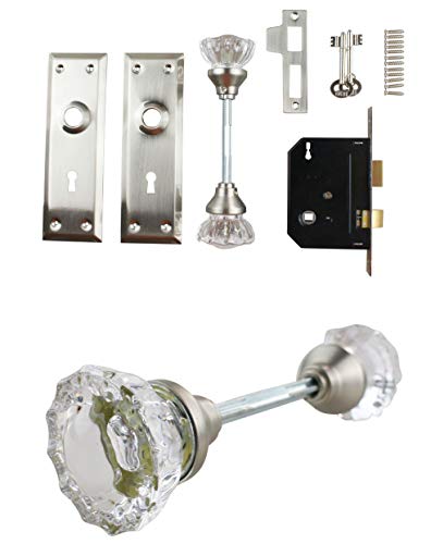 NUZAMAS Old Time Juego de pomos de cristal con diseño de esqueleto, placa de aleación de zinc, pomos de puerta con llaves, para interiores y exteriores, doble apertura, cerraduras para habitación