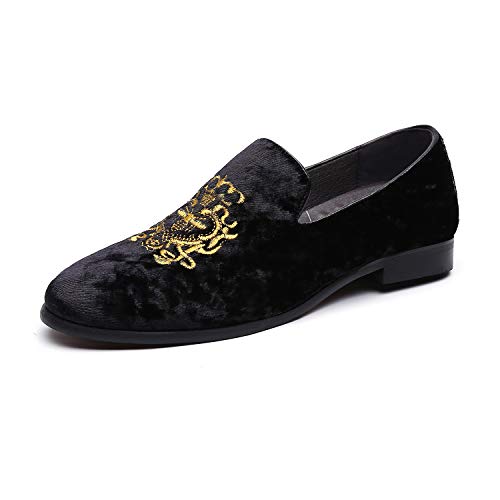 NXY de los Hombres Terciopelo Mocasines Ponerse Zapatos de Vestir con Oro Bordado Casual De Fumar Mocasín Pisos Zapatillas Zapatos de Conducir Negro 41