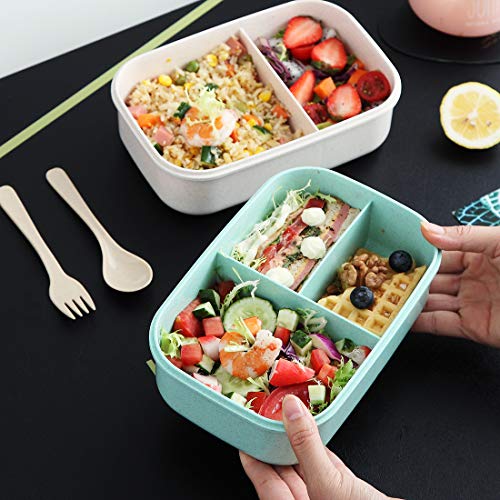 O-Kinee Fiambrera Niños Ecologica, Caja de Almuerzo Portatil con 3 Compartimentos Fiambrera Hermetica con Cubiertos BPA-Free No-Tóxico 1100ML Caja de Almuerzo para Adultos y Niños (Verde)