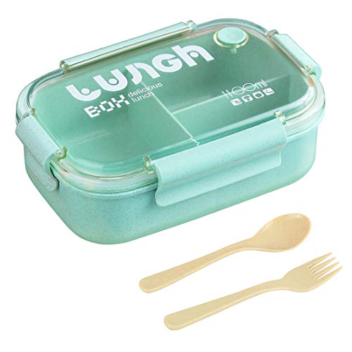 O-Kinee Fiambrera Niños Ecologica, Caja de Almuerzo Portatil con 3 Compartimentos Fiambrera Hermetica con Cubiertos BPA-Free No-Tóxico 1100ML Caja de Almuerzo para Adultos y Niños (Verde)
