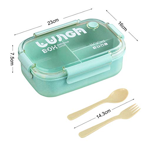 O-Kinee Fiambrera Niños Ecologica, Caja de Almuerzo Portatil con 3 Compartimentos Fiambrera Hermetica con Cubiertos BPA-Free No-Tóxico 1100ML Caja de Almuerzo para Adultos y Niños (Verde)