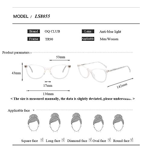 O-Q CLUB Monturas de Gafas Lente de Luz Anti-azul Gafas sin Receta HD Fácil de Combinar (Transparente)