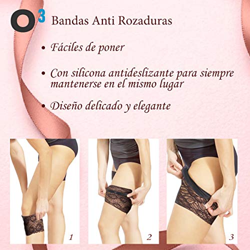 O³ Bandas Antirozaduras Muslos 1 Par – Negro/Blanco | Tamaños A – F| Bandalettes Anti Rozaduras – Antirozaduras Muslos Mujeres – Anti Rozaduras Muslos (Negro, A: 42-50 cm)