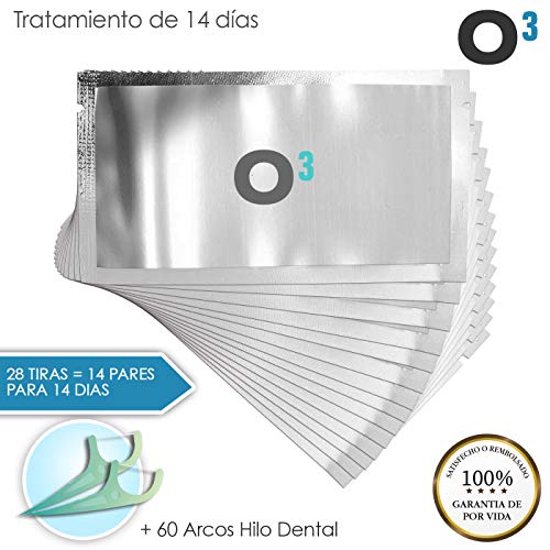 O³ Blanqueador Dental - Tiras Blanqueadoras Dientes 28 Piezas + Arcos Hilo Dental | Tratamiento Para Dientes Blancos 14 Días Con Bandas Blanqueadoras
