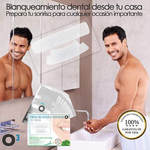 O³ Blanqueador Dental - Tiras Blanqueadoras Dientes 28 Piezas + Arcos Hilo Dental | Tratamiento Para Dientes Blancos 14 Días Con Bandas Blanqueadoras