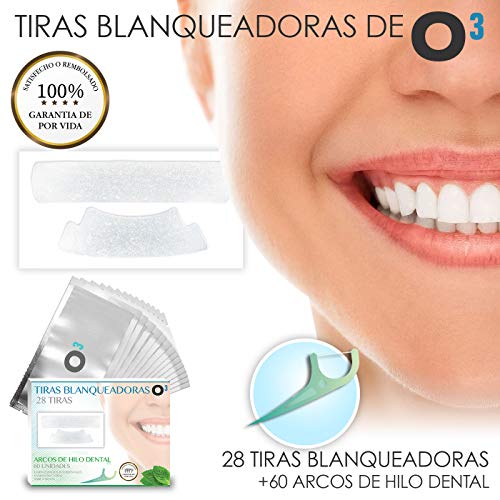 O³ Blanqueador Dental - Tiras Blanqueadoras Dientes 28 Piezas + Arcos Hilo Dental | Tratamiento Para Dientes Blancos 14 Días Con Bandas Blanqueadoras