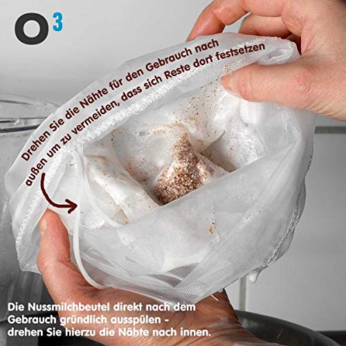 O3 ECO - Bolsas para leche de frutos secos (3 unidades, para leche de nuez vegana, leche de almendra, paño de pasapuré de malla fina en diferentes tamaños, recetas)